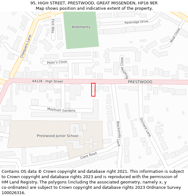 95, HIGH STREET, PRESTWOOD, GREAT MISSENDEN, HP16 9ER: Location map and indicative extent of plot