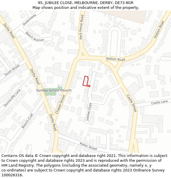 95, JUBILEE CLOSE, MELBOURNE, DERBY, DE73 8GR: Location map and indicative extent of plot