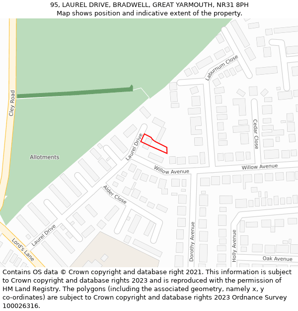 95, LAUREL DRIVE, BRADWELL, GREAT YARMOUTH, NR31 8PH: Location map and indicative extent of plot