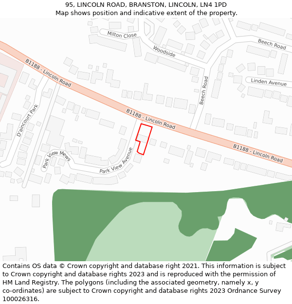 95, LINCOLN ROAD, BRANSTON, LINCOLN, LN4 1PD: Location map and indicative extent of plot