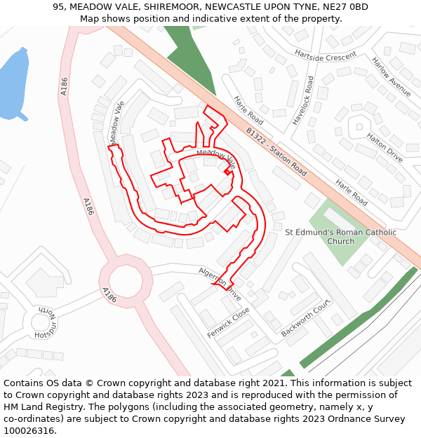 95, MEADOW VALE, SHIREMOOR, NEWCASTLE UPON TYNE, NE27 0BD: Location map and indicative extent of plot