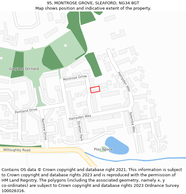 95, MONTROSE GROVE, SLEAFORD, NG34 8GT: Location map and indicative extent of plot