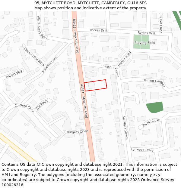 95, MYTCHETT ROAD, MYTCHETT, CAMBERLEY, GU16 6ES: Location map and indicative extent of plot