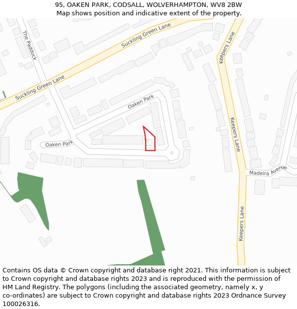 95, OAKEN PARK, CODSALL, WOLVERHAMPTON, WV8 2BW: Location map and indicative extent of plot