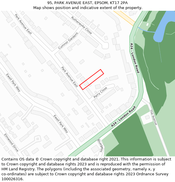 95, PARK AVENUE EAST, EPSOM, KT17 2PA: Location map and indicative extent of plot