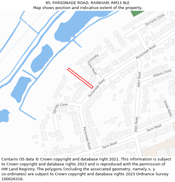 95, PARSONAGE ROAD, RAINHAM, RM13 9LE: Location map and indicative extent of plot