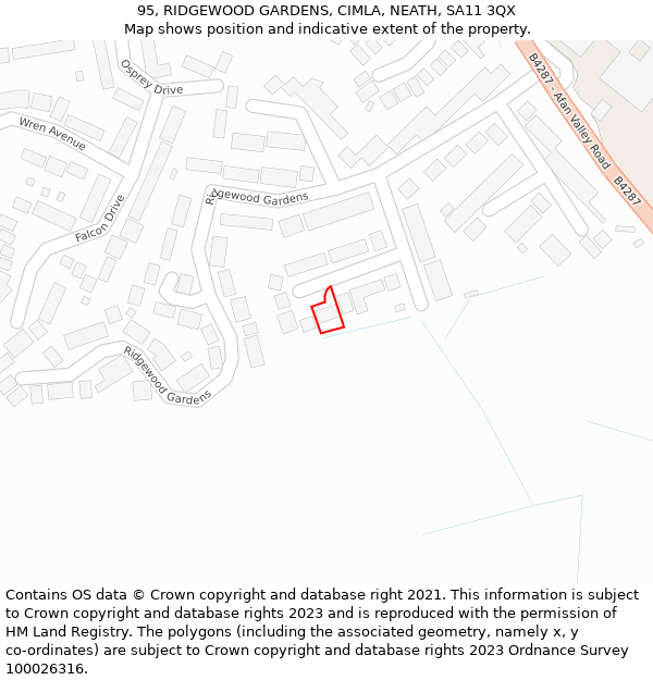 95, RIDGEWOOD GARDENS, CIMLA, NEATH, SA11 3QX: Location map and indicative extent of plot