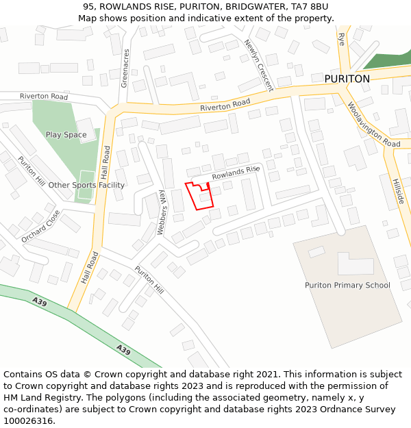 95, ROWLANDS RISE, PURITON, BRIDGWATER, TA7 8BU: Location map and indicative extent of plot