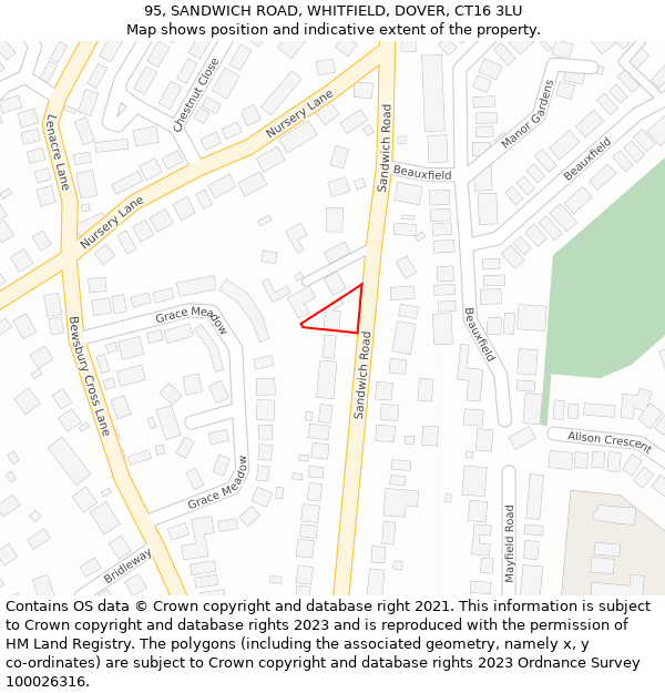 95, SANDWICH ROAD, WHITFIELD, DOVER, CT16 3LU: Location map and indicative extent of plot