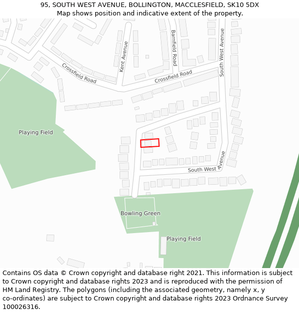 95, SOUTH WEST AVENUE, BOLLINGTON, MACCLESFIELD, SK10 5DX: Location map and indicative extent of plot