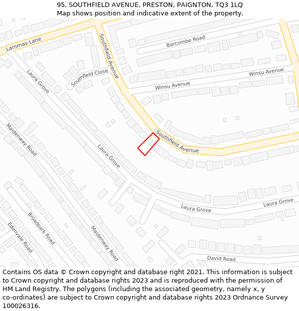 95, SOUTHFIELD AVENUE, PRESTON, PAIGNTON, TQ3 1LQ: Location map and indicative extent of plot