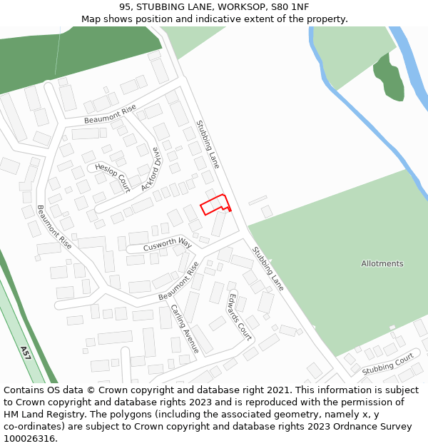 95, STUBBING LANE, WORKSOP, S80 1NF: Location map and indicative extent of plot