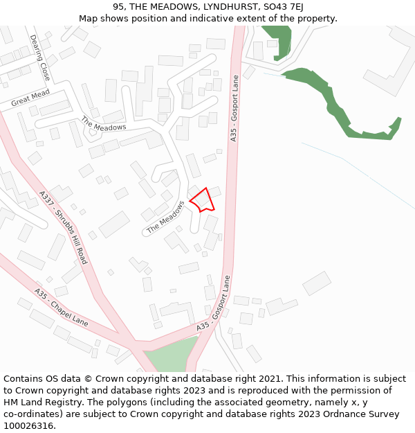 95, THE MEADOWS, LYNDHURST, SO43 7EJ: Location map and indicative extent of plot