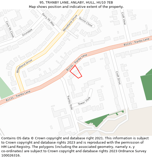 95, TRANBY LANE, ANLABY, HULL, HU10 7EB: Location map and indicative extent of plot
