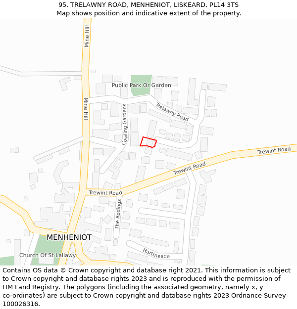 95, TRELAWNY ROAD, MENHENIOT, LISKEARD, PL14 3TS: Location map and indicative extent of plot