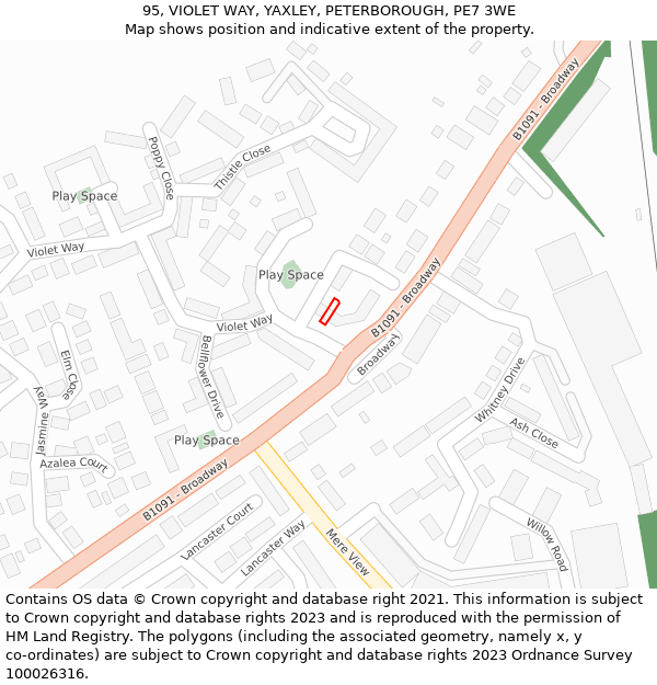 95, VIOLET WAY, YAXLEY, PETERBOROUGH, PE7 3WE: Location map and indicative extent of plot