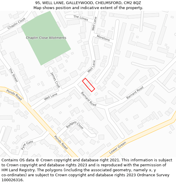 95, WELL LANE, GALLEYWOOD, CHELMSFORD, CM2 8QZ: Location map and indicative extent of plot