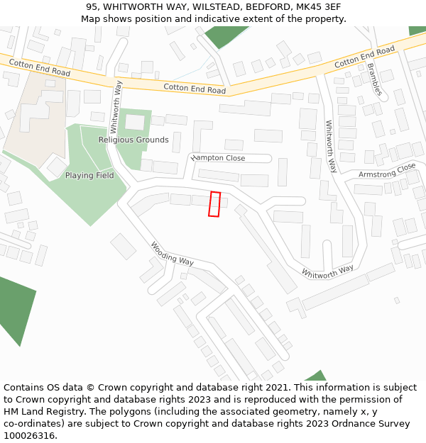 95, WHITWORTH WAY, WILSTEAD, BEDFORD, MK45 3EF: Location map and indicative extent of plot