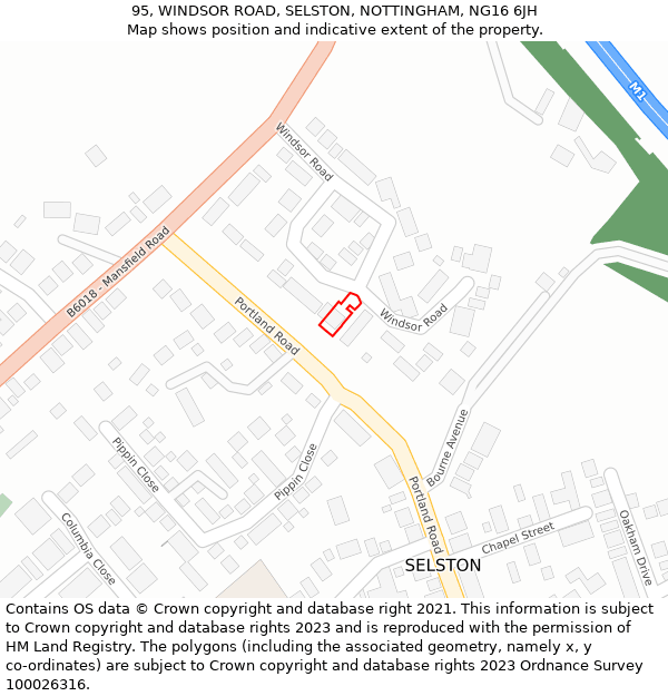 95, WINDSOR ROAD, SELSTON, NOTTINGHAM, NG16 6JH: Location map and indicative extent of plot