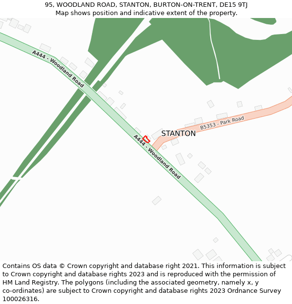 95, WOODLAND ROAD, STANTON, BURTON-ON-TRENT, DE15 9TJ: Location map and indicative extent of plot