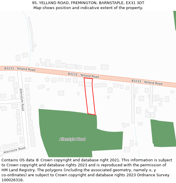 95, YELLAND ROAD, FREMINGTON, BARNSTAPLE, EX31 3DT: Location map and indicative extent of plot