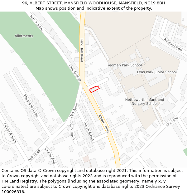 96, ALBERT STREET, MANSFIELD WOODHOUSE, MANSFIELD, NG19 8BH: Location map and indicative extent of plot