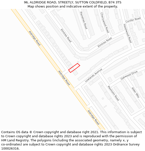 96, ALDRIDGE ROAD, STREETLY, SUTTON COLDFIELD, B74 3TS: Location map and indicative extent of plot