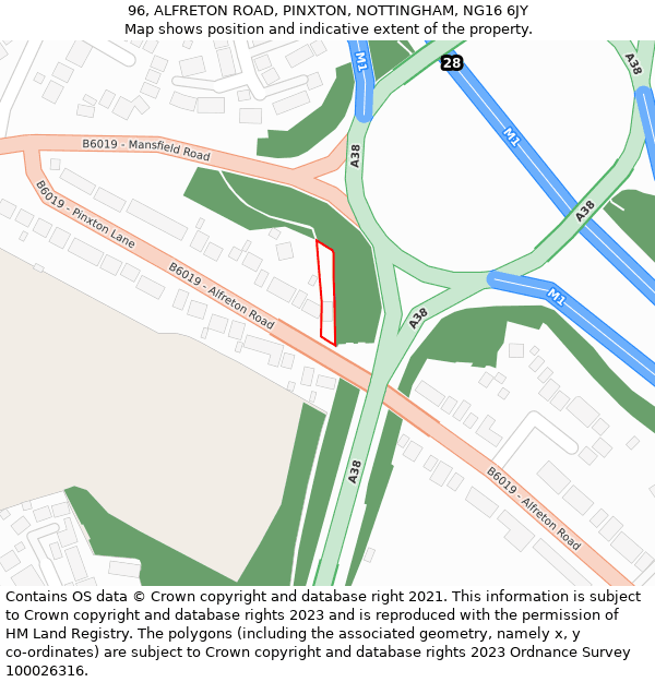 96, ALFRETON ROAD, PINXTON, NOTTINGHAM, NG16 6JY: Location map and indicative extent of plot