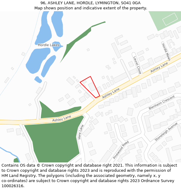 96, ASHLEY LANE, HORDLE, LYMINGTON, SO41 0GA: Location map and indicative extent of plot