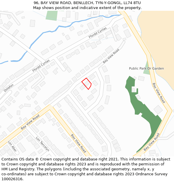 96, BAY VIEW ROAD, BENLLECH, TYN-Y-GONGL, LL74 8TU: Location map and indicative extent of plot