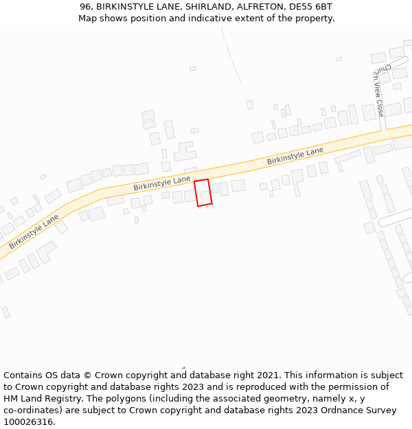 96, BIRKINSTYLE LANE, SHIRLAND, ALFRETON, DE55 6BT: Location map and indicative extent of plot