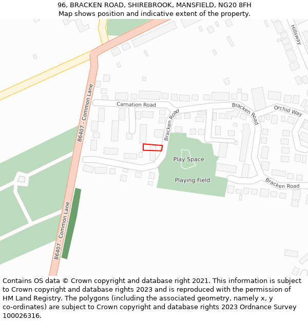 96, BRACKEN ROAD, SHIREBROOK, MANSFIELD, NG20 8FH: Location map and indicative extent of plot