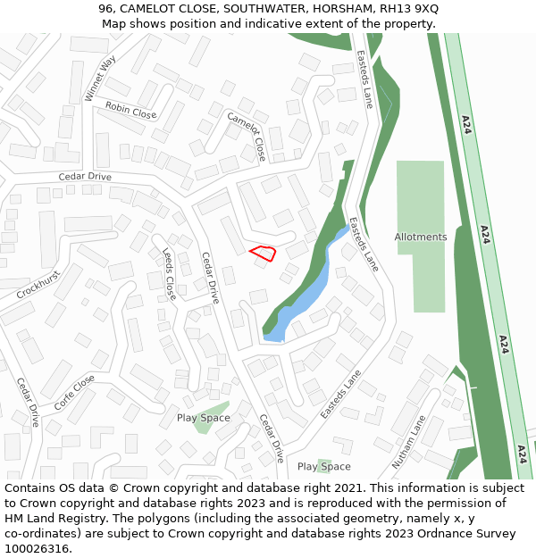 96, CAMELOT CLOSE, SOUTHWATER, HORSHAM, RH13 9XQ: Location map and indicative extent of plot