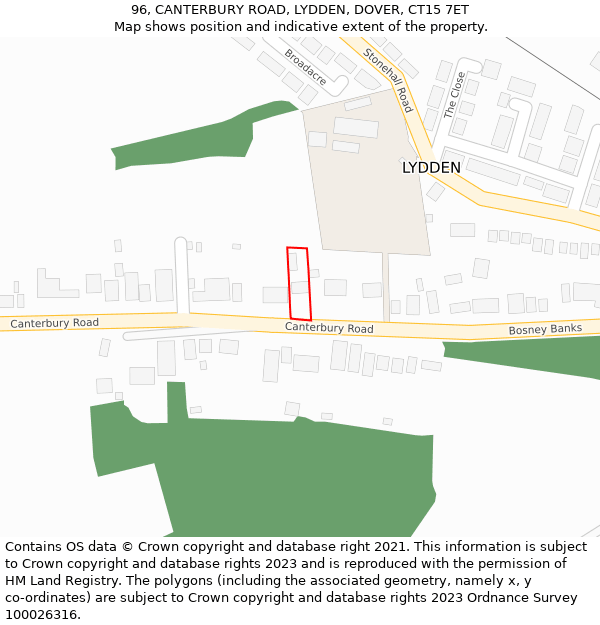 96, CANTERBURY ROAD, LYDDEN, DOVER, CT15 7ET: Location map and indicative extent of plot