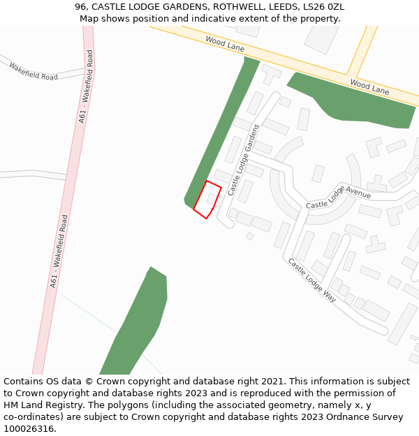96, CASTLE LODGE GARDENS, ROTHWELL, LEEDS, LS26 0ZL: Location map and indicative extent of plot