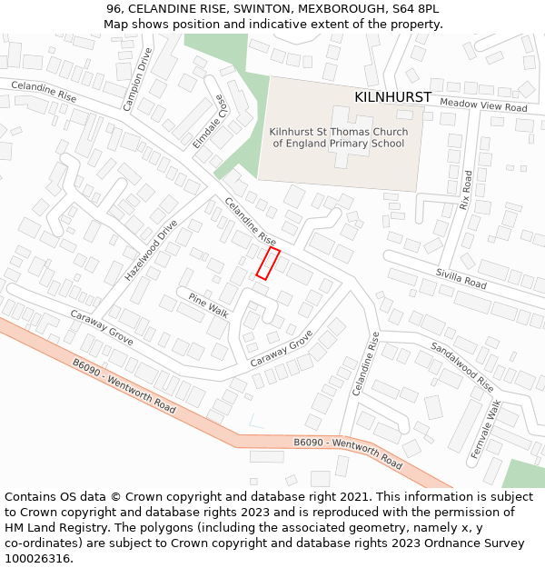 96, CELANDINE RISE, SWINTON, MEXBOROUGH, S64 8PL: Location map and indicative extent of plot