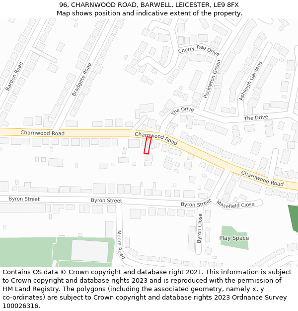 96, CHARNWOOD ROAD, BARWELL, LEICESTER, LE9 8FX: Location map and indicative extent of plot