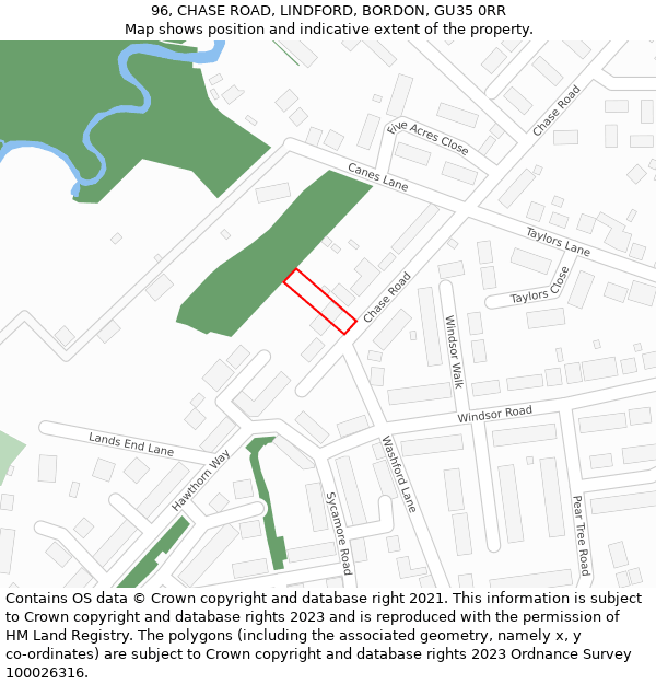 96, CHASE ROAD, LINDFORD, BORDON, GU35 0RR: Location map and indicative extent of plot