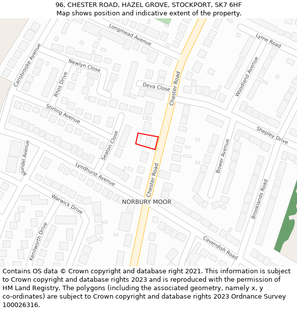 96, CHESTER ROAD, HAZEL GROVE, STOCKPORT, SK7 6HF: Location map and indicative extent of plot
