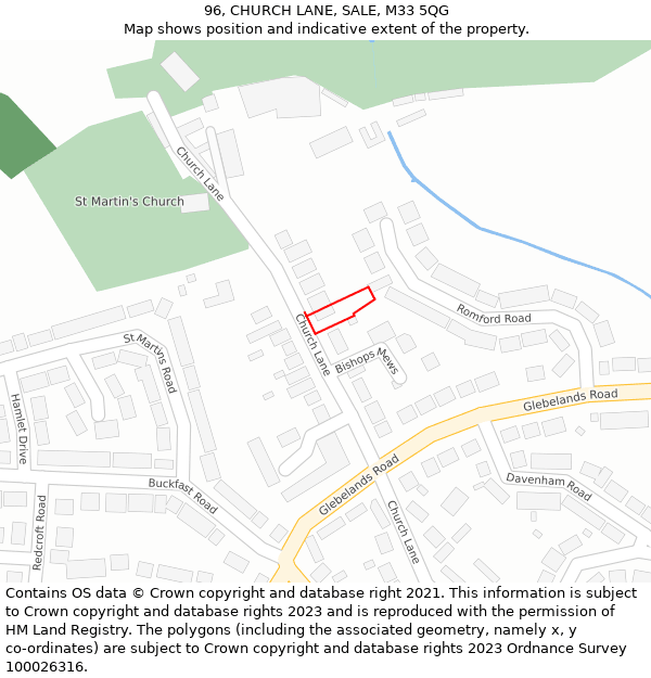 96, CHURCH LANE, SALE, M33 5QG: Location map and indicative extent of plot