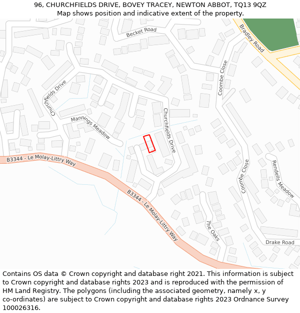 96, CHURCHFIELDS DRIVE, BOVEY TRACEY, NEWTON ABBOT, TQ13 9QZ: Location map and indicative extent of plot