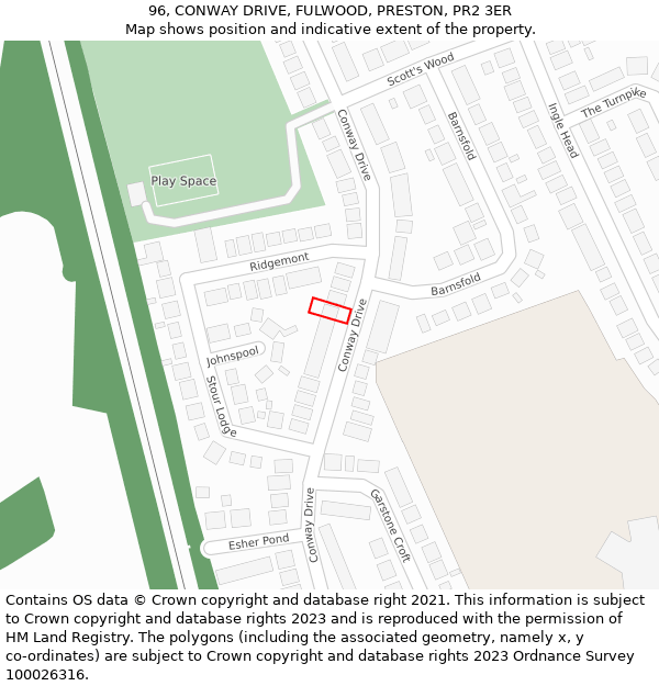 96, CONWAY DRIVE, FULWOOD, PRESTON, PR2 3ER: Location map and indicative extent of plot