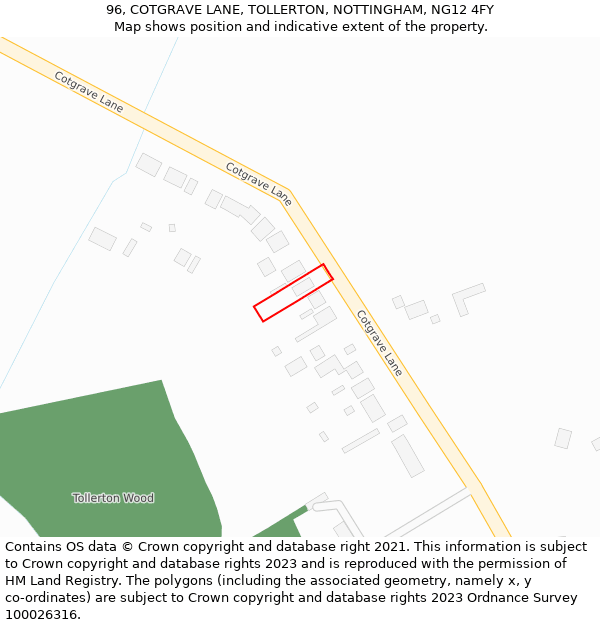96, COTGRAVE LANE, TOLLERTON, NOTTINGHAM, NG12 4FY: Location map and indicative extent of plot