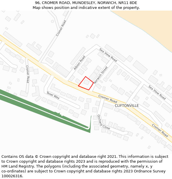 96, CROMER ROAD, MUNDESLEY, NORWICH, NR11 8DE: Location map and indicative extent of plot