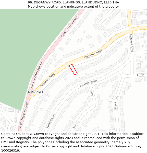 96, DEGANWY ROAD, LLANRHOS, LLANDUDNO, LL30 1NA: Location map and indicative extent of plot