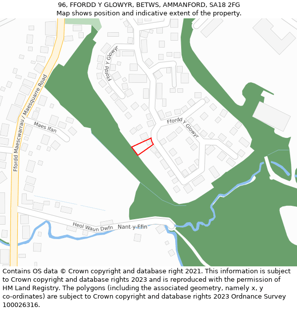 96, FFORDD Y GLOWYR, BETWS, AMMANFORD, SA18 2FG: Location map and indicative extent of plot