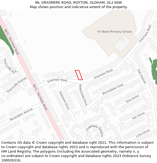 96, GRASMERE ROAD, ROYTON, OLDHAM, OL2 6SW: Location map and indicative extent of plot