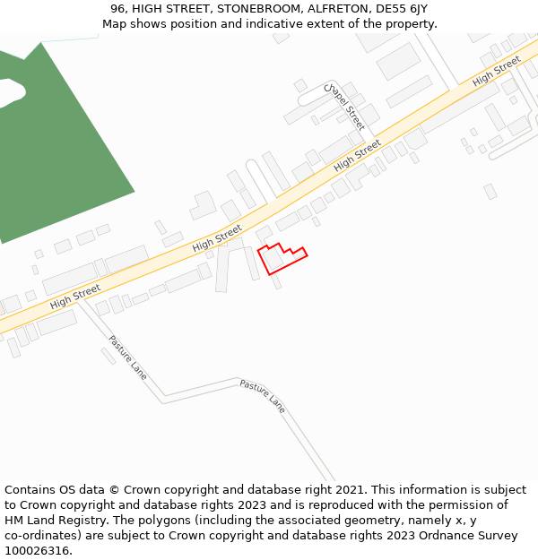 96, HIGH STREET, STONEBROOM, ALFRETON, DE55 6JY: Location map and indicative extent of plot