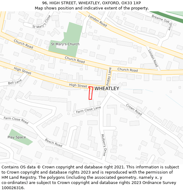 96, HIGH STREET, WHEATLEY, OXFORD, OX33 1XP: Location map and indicative extent of plot