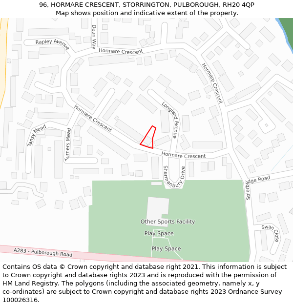 96, HORMARE CRESCENT, STORRINGTON, PULBOROUGH, RH20 4QP: Location map and indicative extent of plot